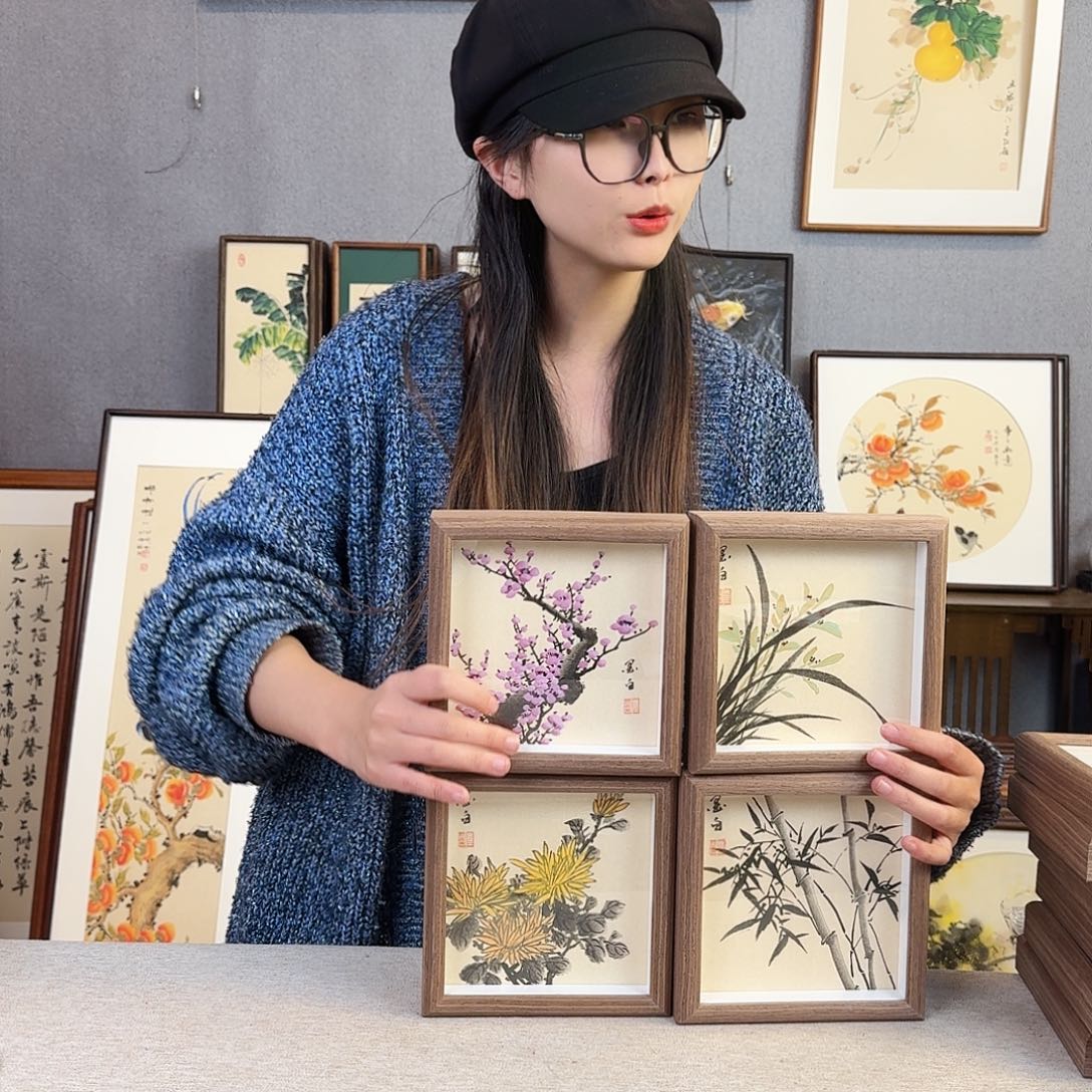 书法手绘带框尺寸：15*15梅兰竹菊