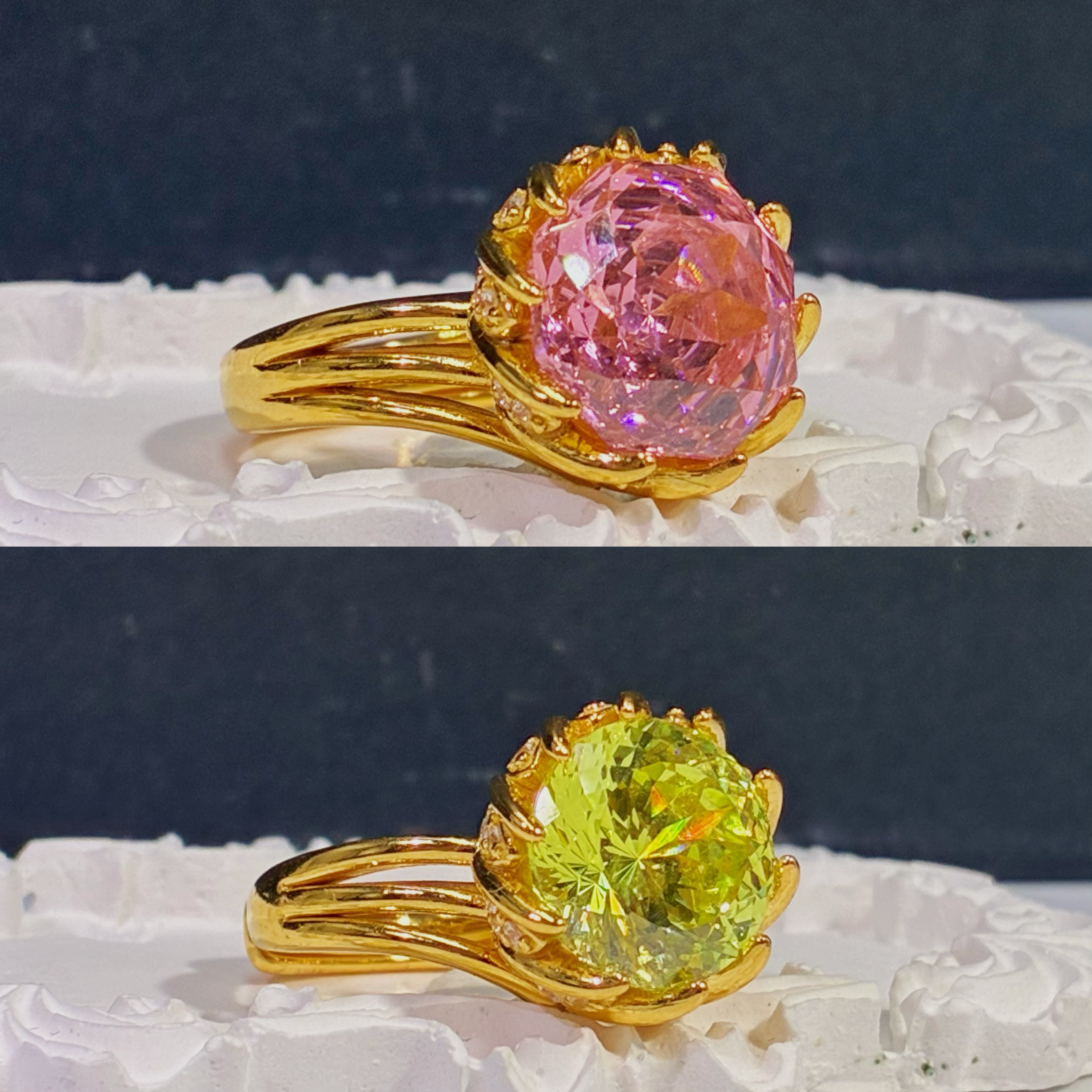 黄金足金999 镶嵌手捧花粉-绿钻精致黄金戒指时尚小众精美