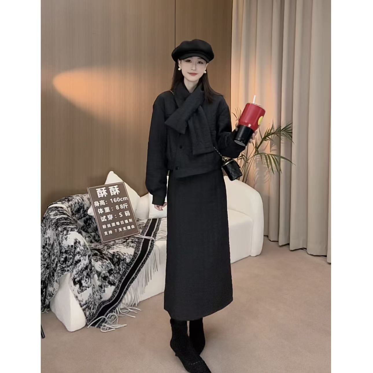 冬季小众设计感纹理套装夹棉加厚3161外套半身裙+围巾通勤三件套