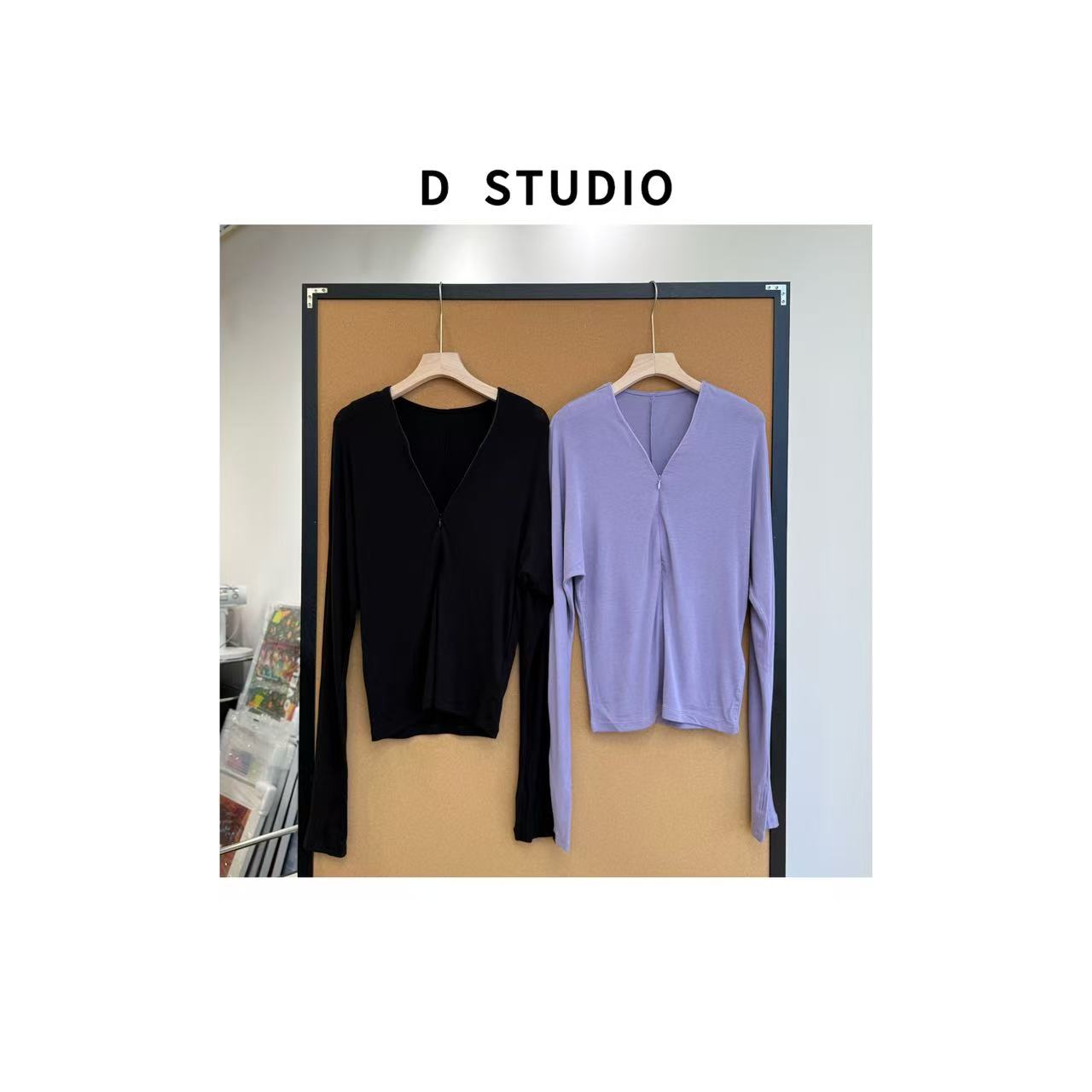 D STUDIO 两色蝙蝠袖V领长袖T恤 D3277
