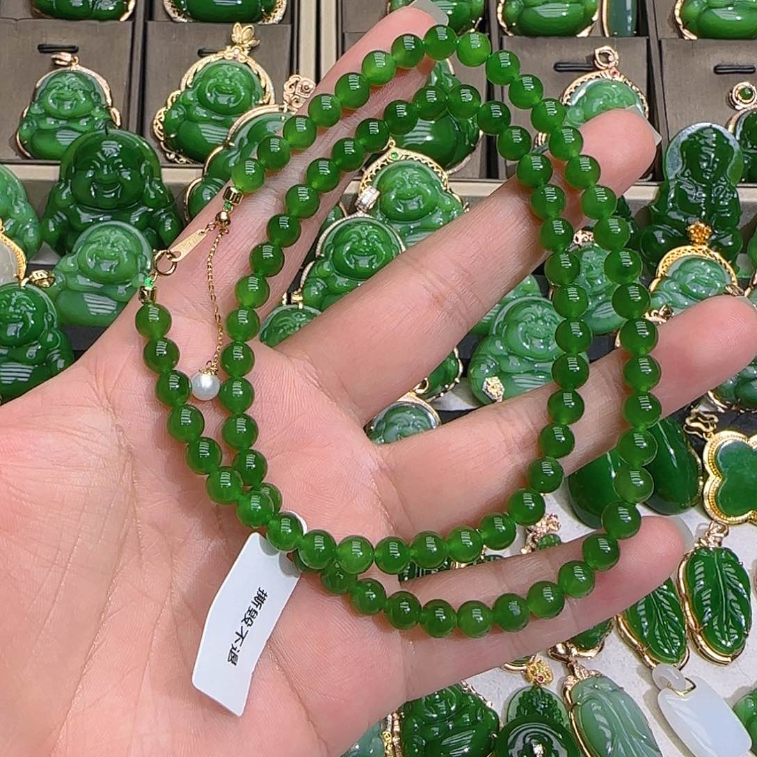 和田玉（碧玉）项链18K金镶嵌沙**喵