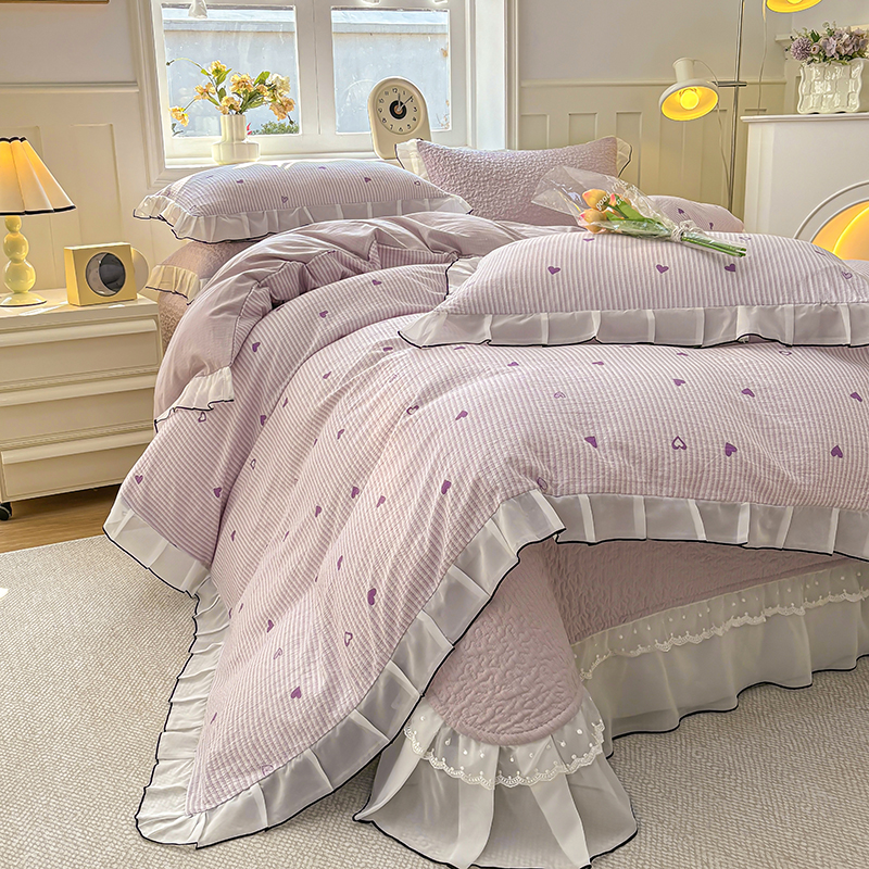 春季针织棉印花花边床盖款四件套床裙夹棉韩式床盖花边