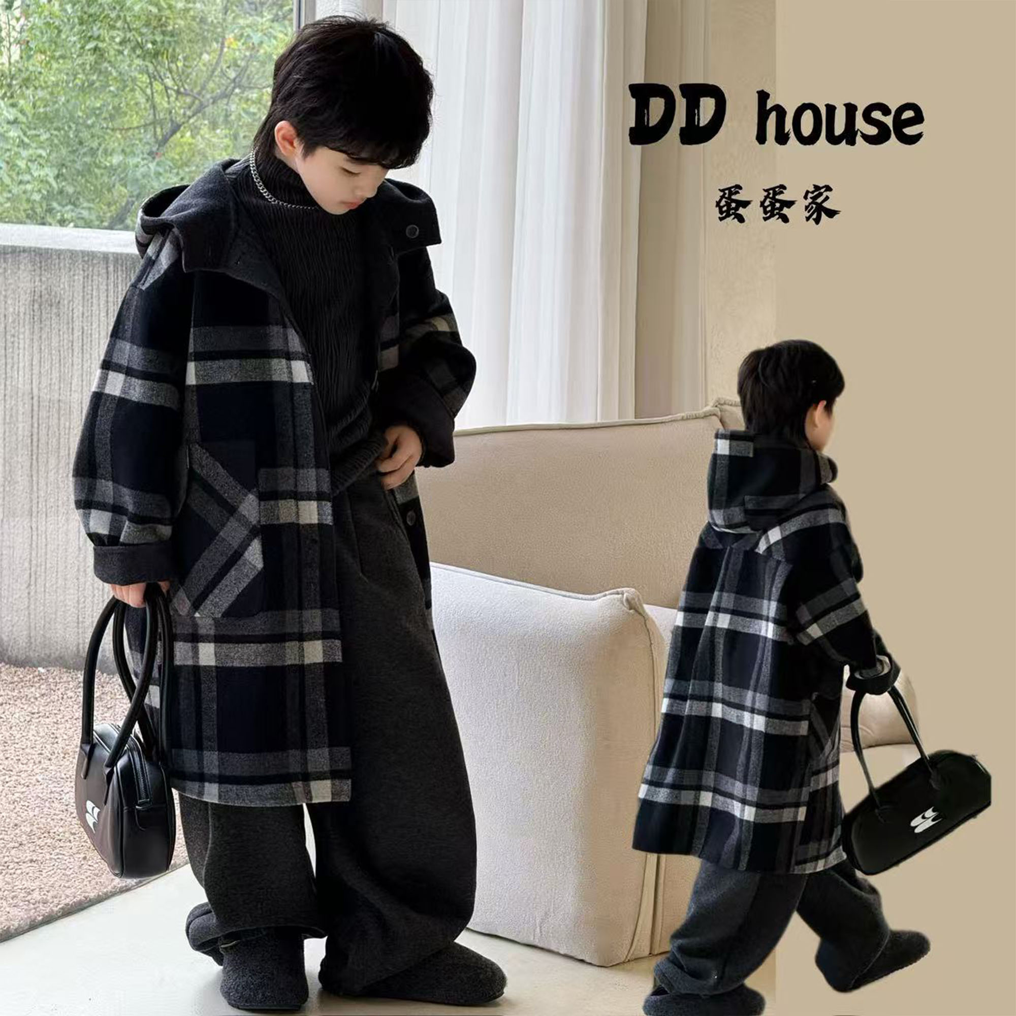  蛋蛋家【清贵少爷】25327冬季新款儿童帅气灰色格子呢大衣