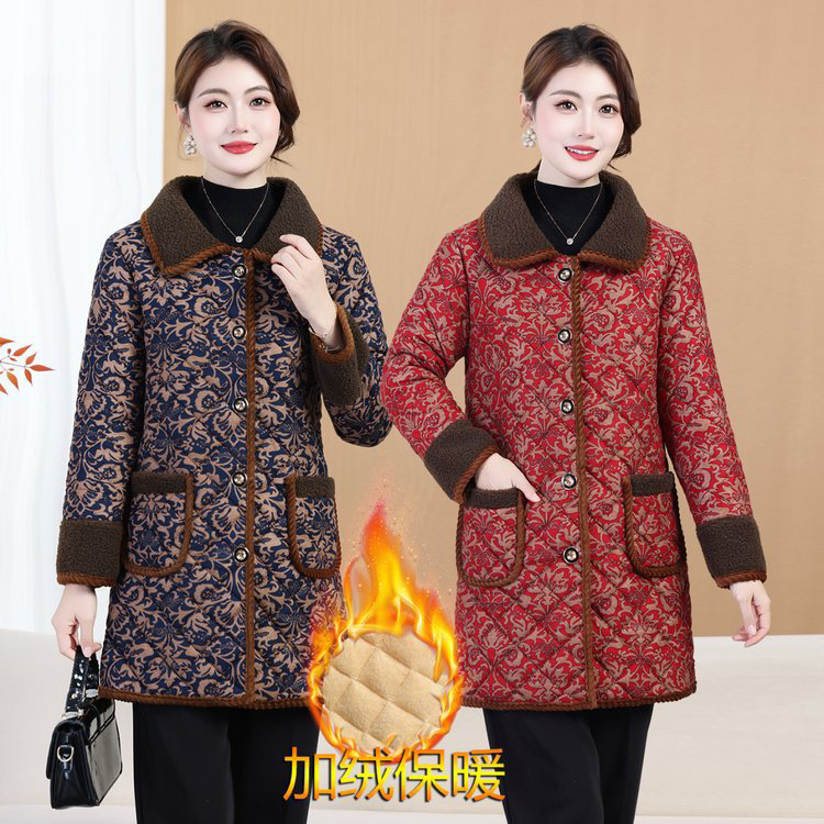 冬季妈妈装加绒棉袄棉服中老年妈妈保暖洋气中长款外套加厚棉衣