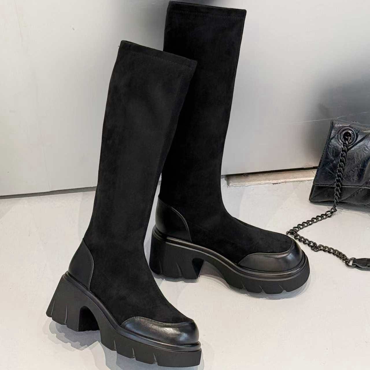 【本木鱼】7745长筒套筒圆头胶粘高跟春秋超高跟优雅修面皮舒适靴