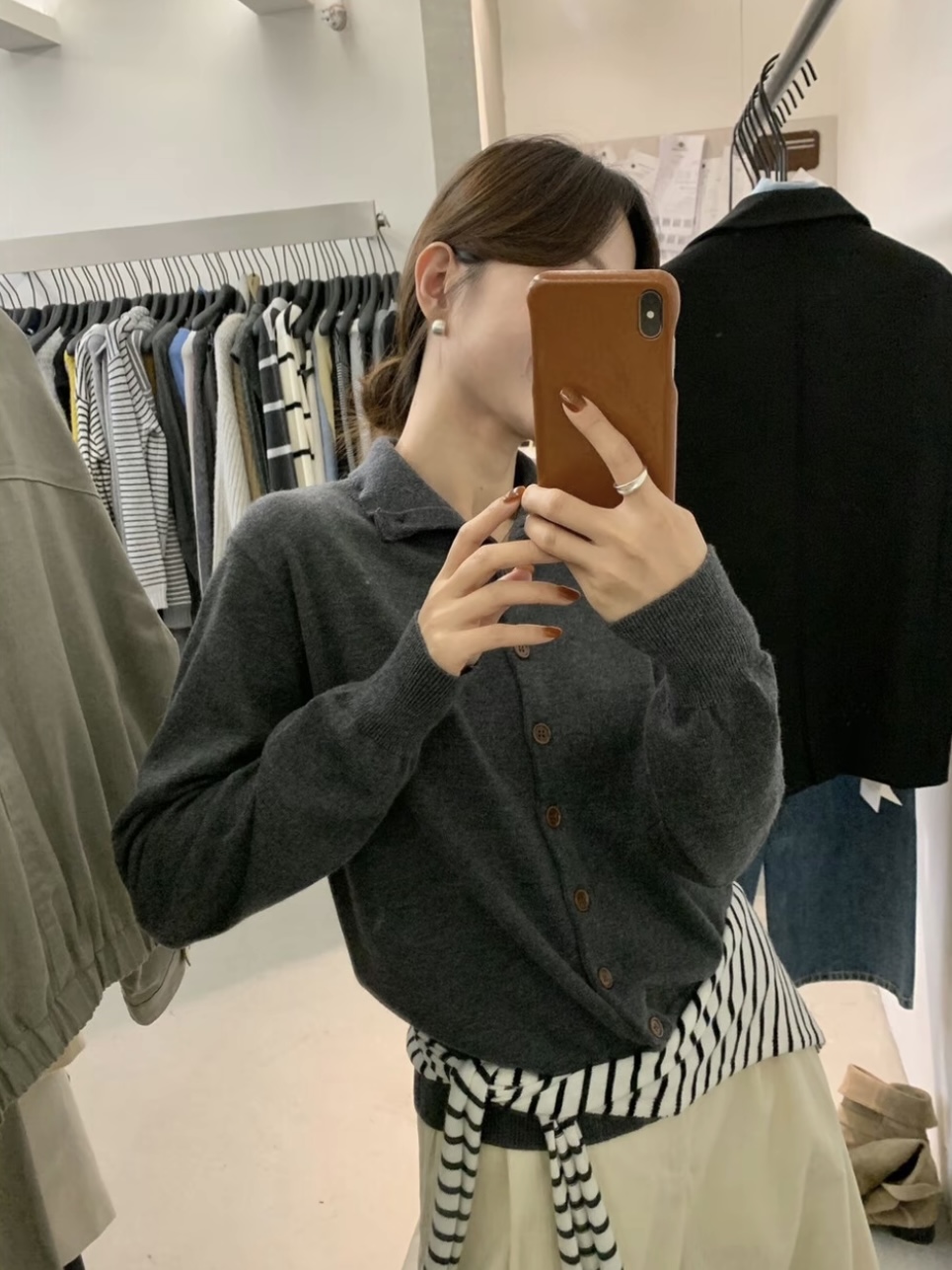 韩系半高领纯色宽松排扣开衫羊毛针织衫百搭宽松显瘦立领常规款