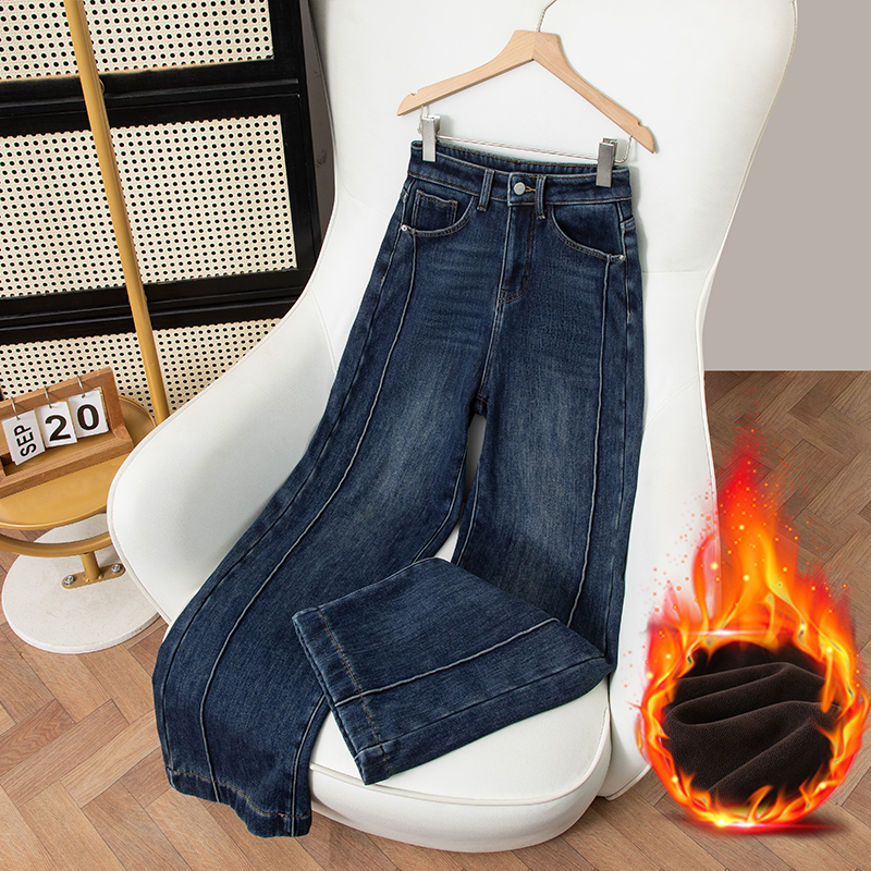 9709深蓝色加绒阔腿牛仔裤女2025新款秋冬季高腰新款直筒裤子女款