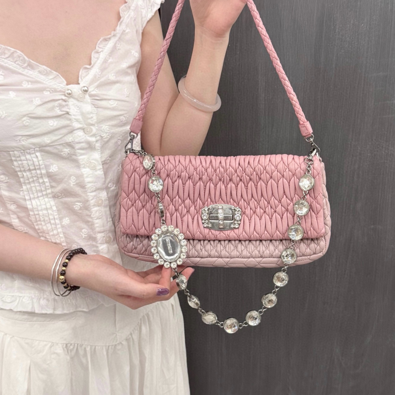 95新 MIU MIU/缪缪 miumiu 樱花粉拼色法棍单肩包K
