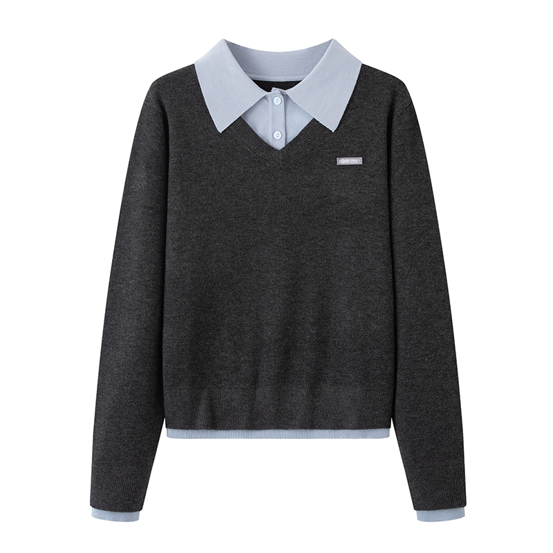 MM商场同款2025秋冬新款通勤百搭休闲假两件翻领拼接针织衫女2951