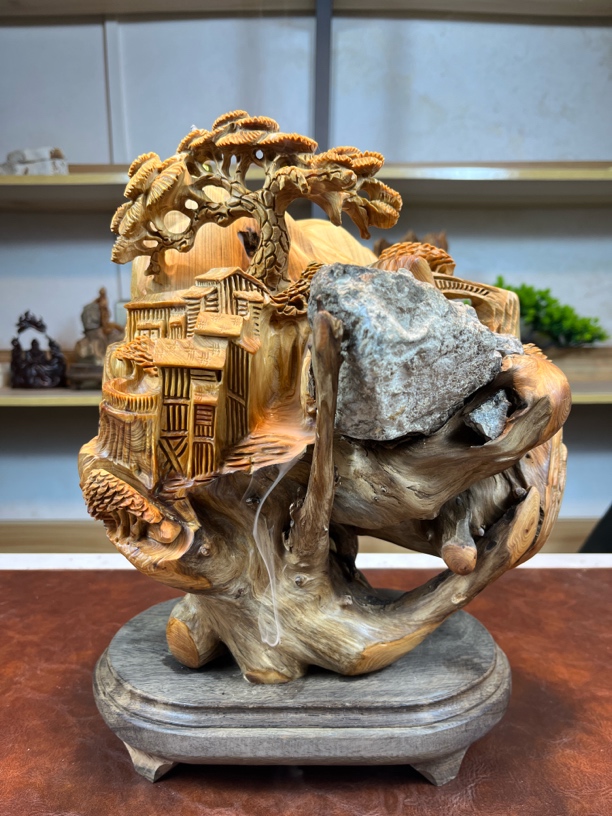 太行崖柏天然卡抱石山水倒流香摆件，手工精雕特色桌摆件