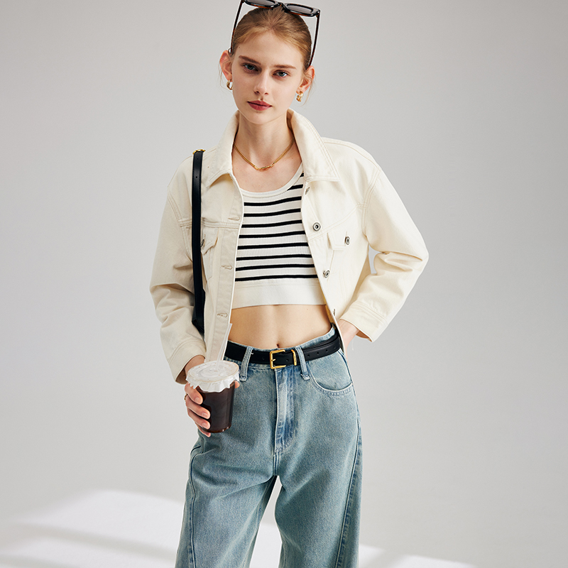【粉丝专属】法曼萱白色牛仔外套女短款2025水洗棉上衣FDWT346