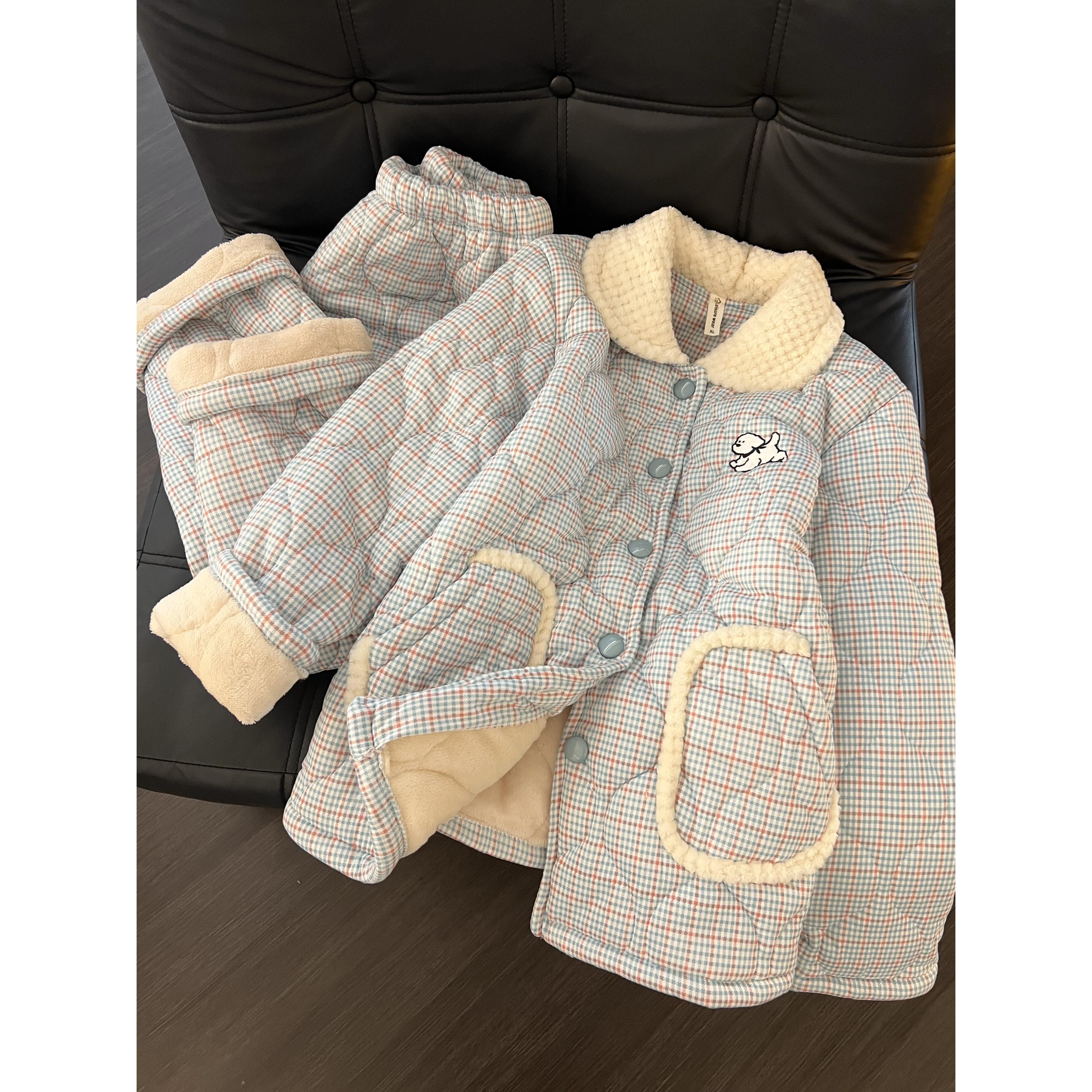 甜美可爱小狗三层夹棉睡衣女冬季新款加绒加厚开衫外套家居服套装