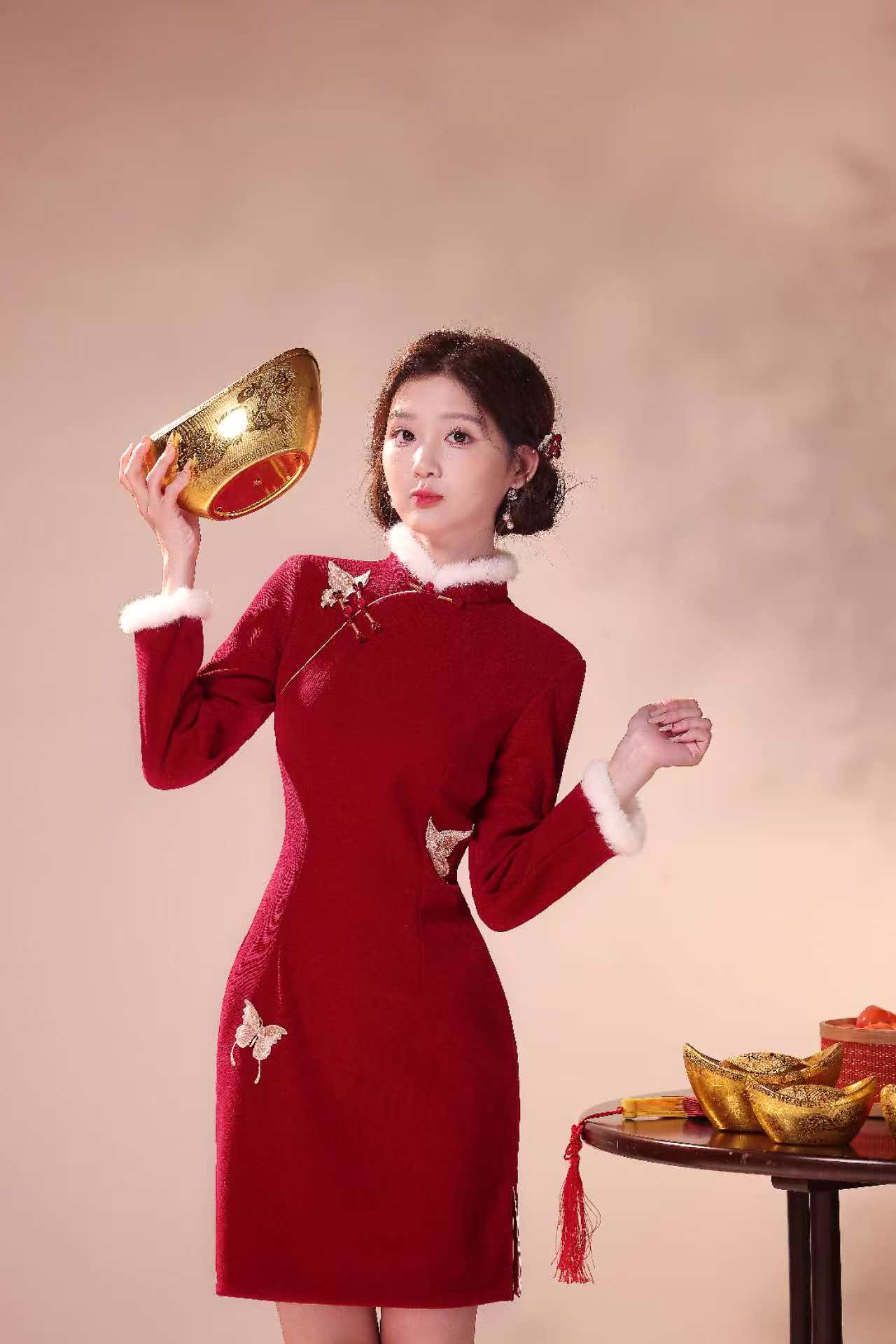 花蝴蝶--红色加绒加厚蝴蝶日常气质小个子国风旗袍