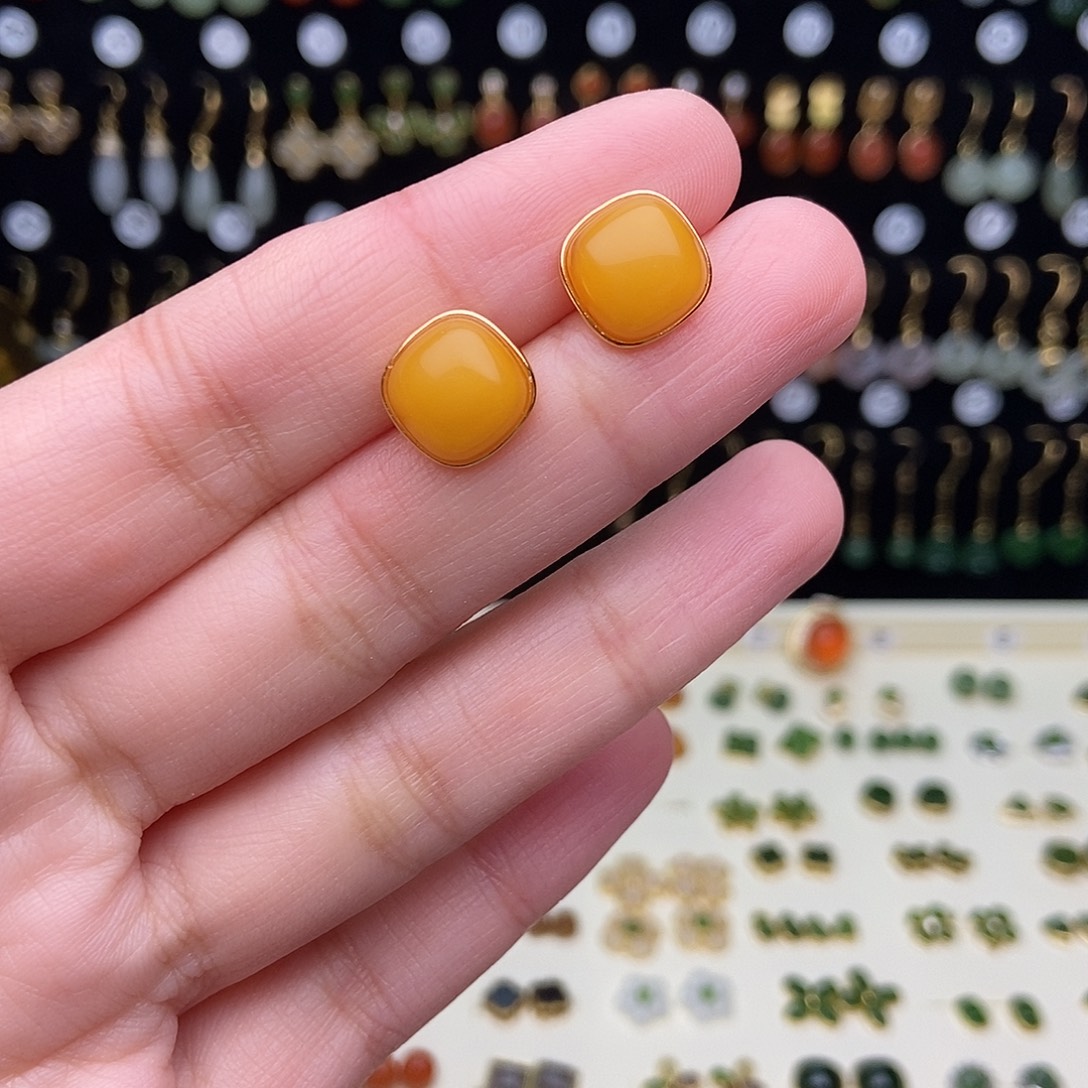 和田玉银S925镀金镶嵌耳饰