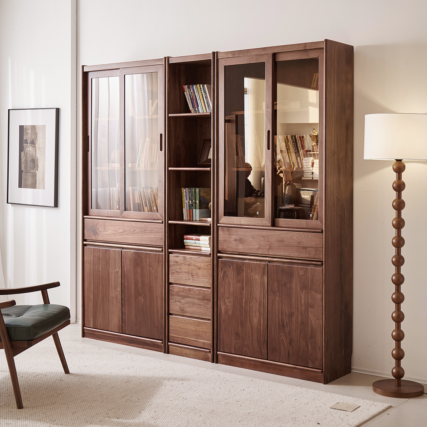 梵而北美黑胡桃木全实木书柜办公室书架家用现代书橱简语书柜