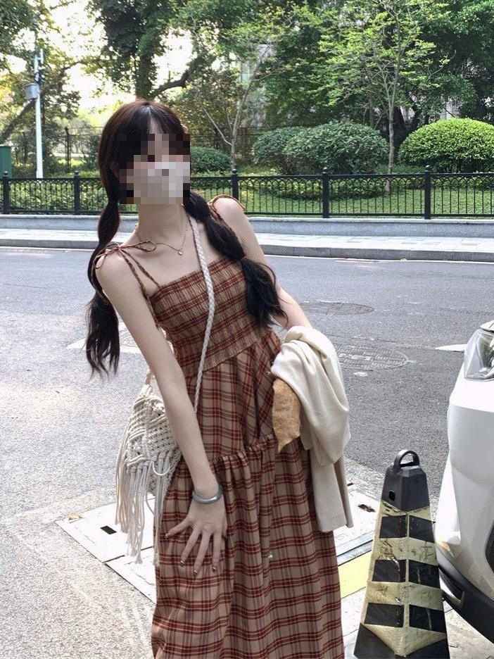 206#格子裙子收腰显瘦长裙中腰长款夏季连衣裙气质吊带