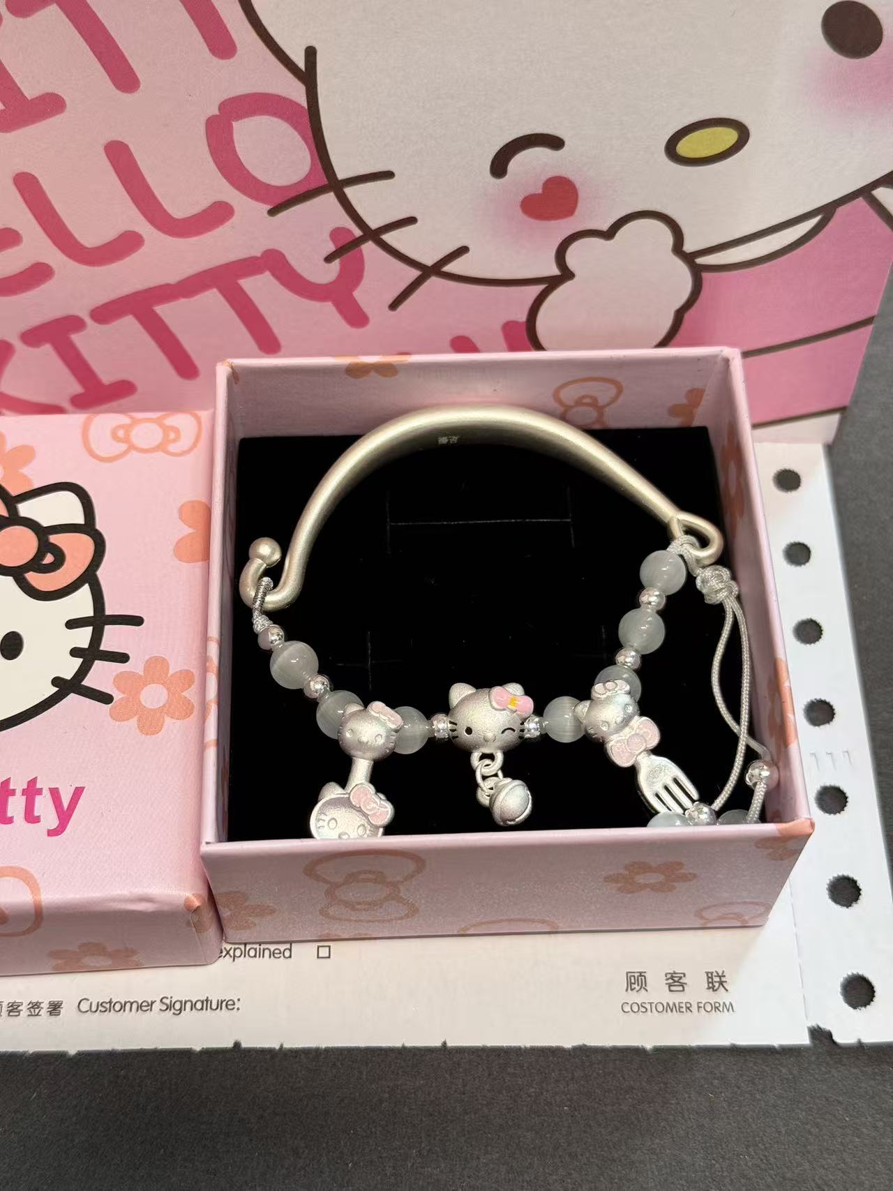 足银手链 足银手链半镯DIY凯蒂猫铃铛kitty勺叉可爱呆萌闺蜜礼物