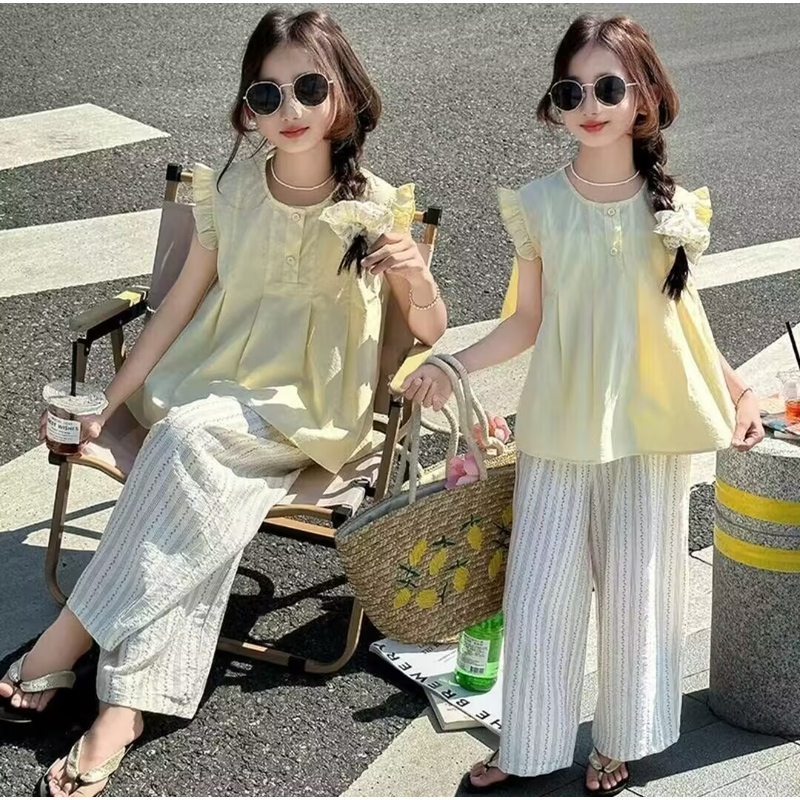 【现货清送发圈】新款洋气中大童短袖阔腿裤两件套夏季儿童衣服潮