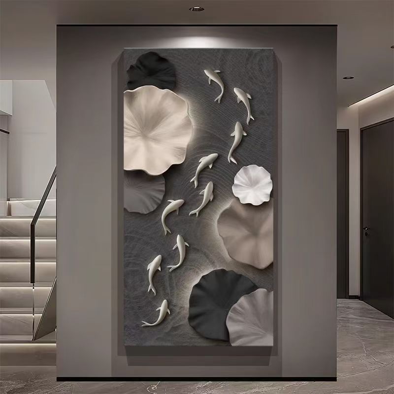 轻奢高级感九鱼图入户玄关装饰画浮雕立体肌理感走廊过道壁画