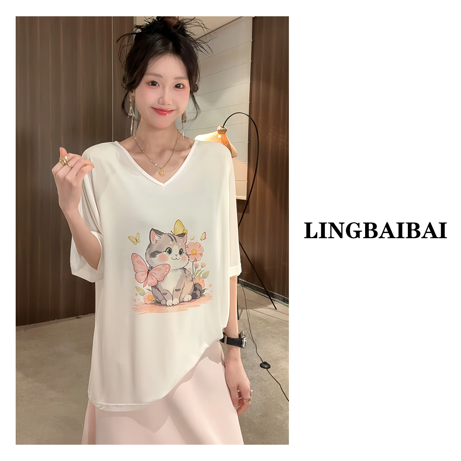 【可爱猫咪】V领大领口宽松oversize高级春夏季五分袖短袖T恤女