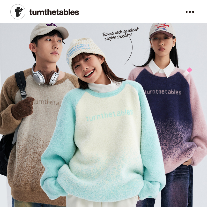 turnthetables软糯风仿貂毛渐变撞色logo印花圆领插肩袖毛衣