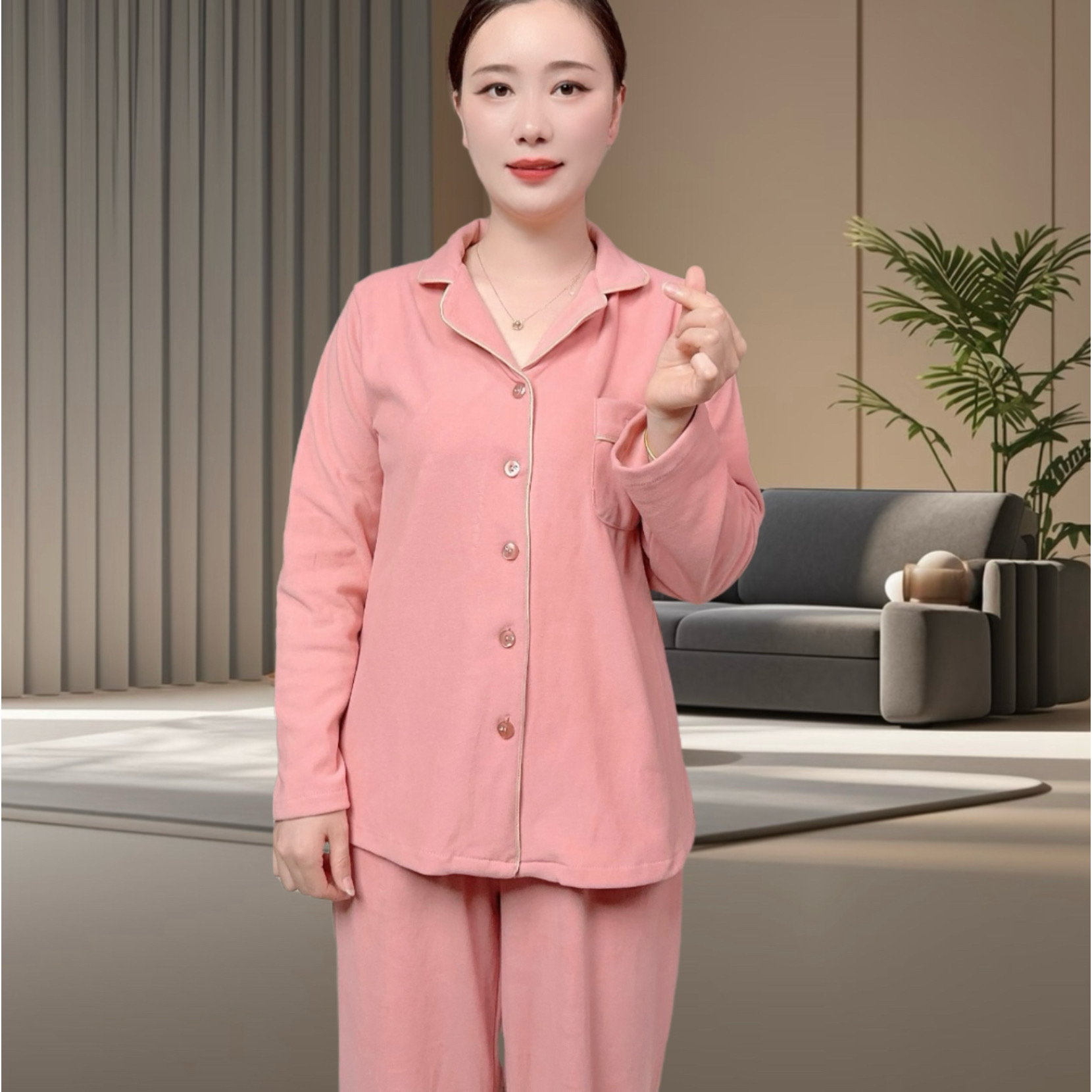 秋冬季新款德绒保暖长袖女睡衣家居服套装时尚宽松休闲女士翻领