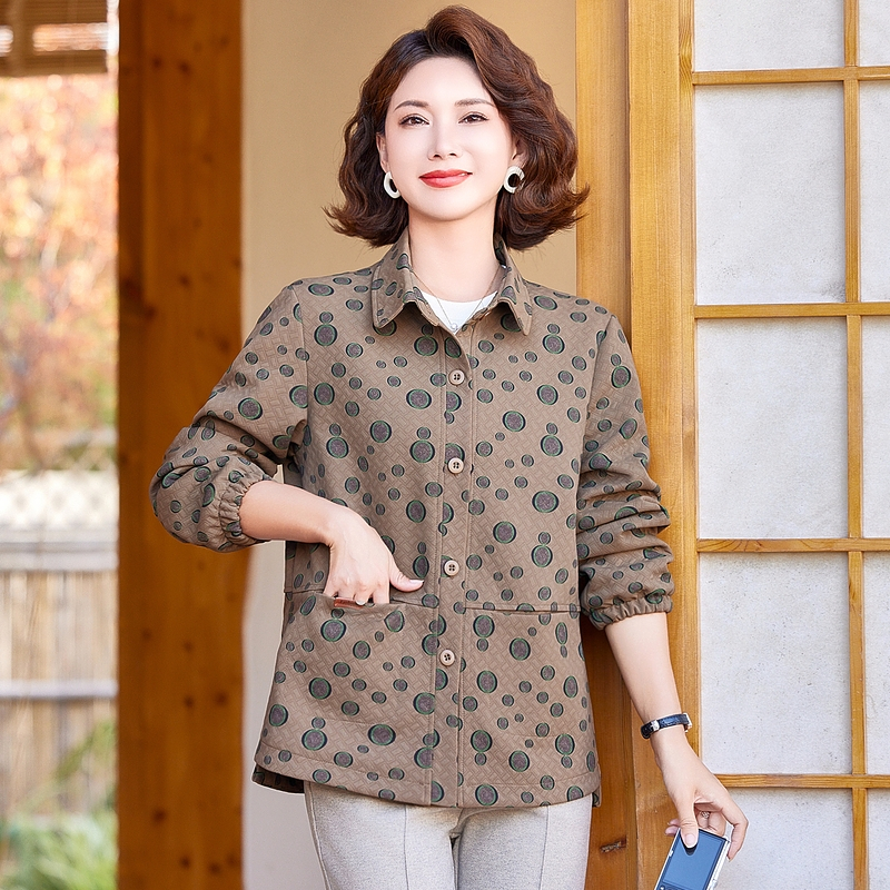 2025印花波点宽松方领衬衫女中老年妈妈女装遮肉显瘦上衣时尚百搭