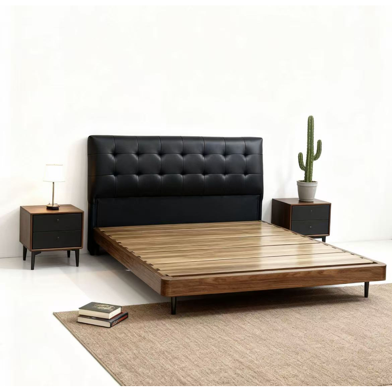 华夫格头层牛皮床现代简约双人床1.5米1.8米主卧小户型北美胡桃木