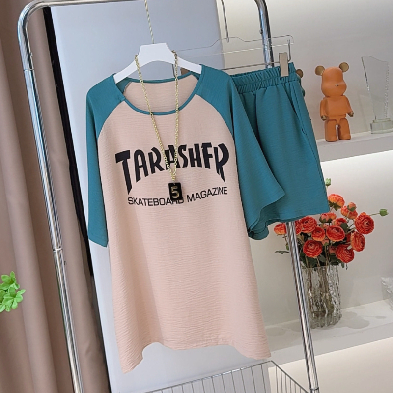 2020拼色字母两件套夏季新款时尚休闲减龄短袖T恤上衣宽松短裤女