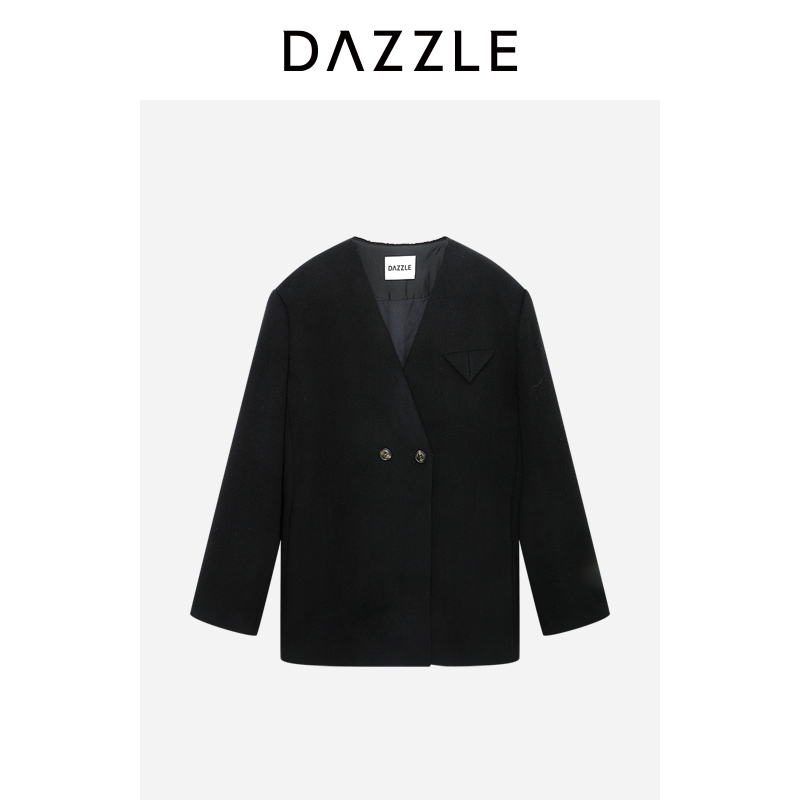 DAZZLE 地素大衣冬季黑色呢子大衣2E4G229