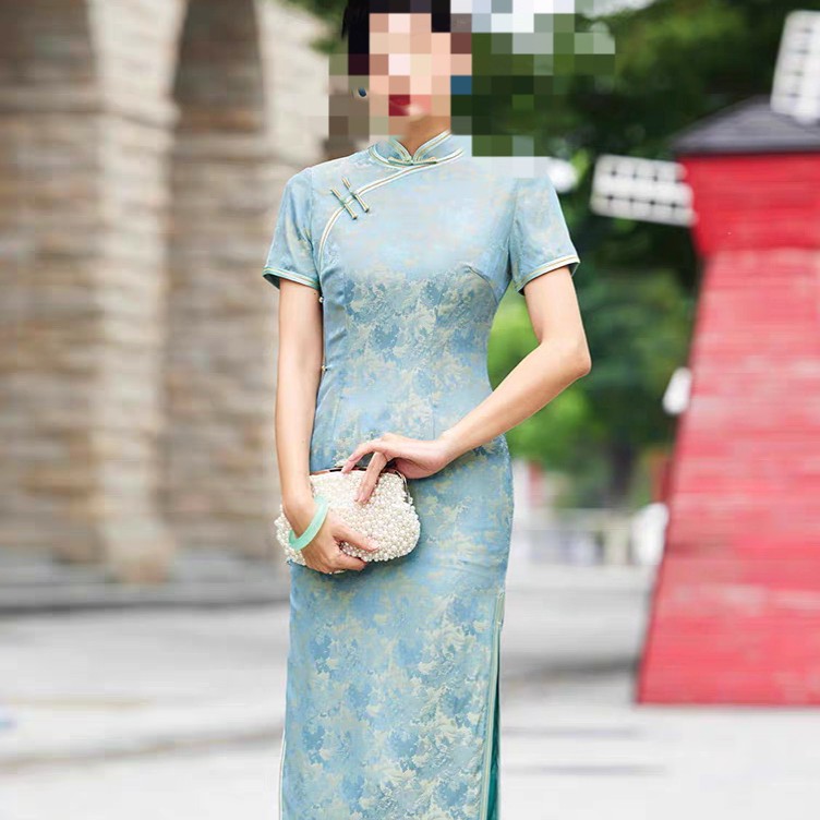 少女春夏复古港风旗袍扣中国风印花日常蓝色八扣