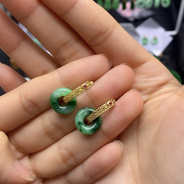 翡翠耳饰银S925镀金镶嵌天然翡翠