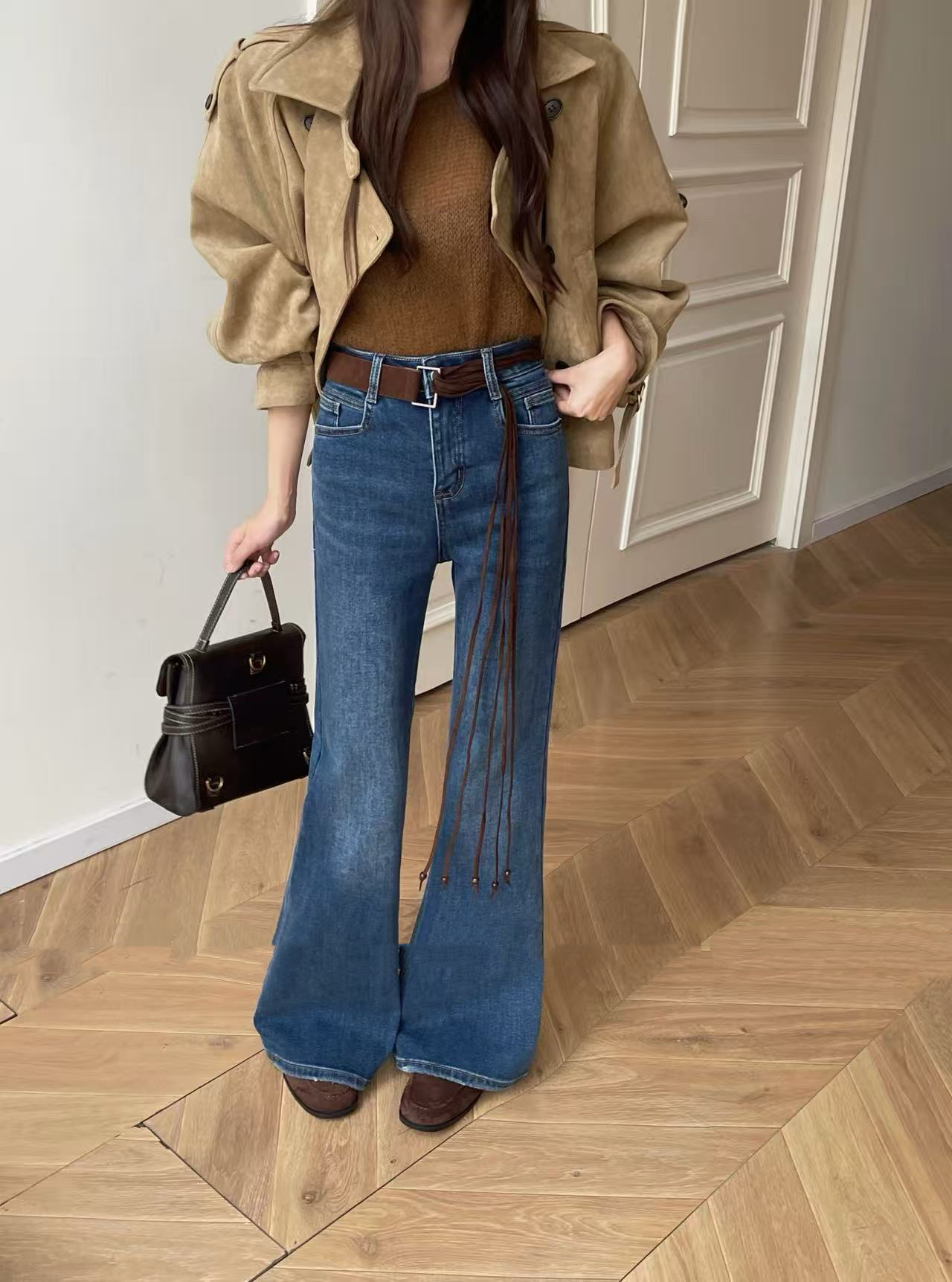 【6367】女#高腰直筒微喇牛仔裤【配腰带】