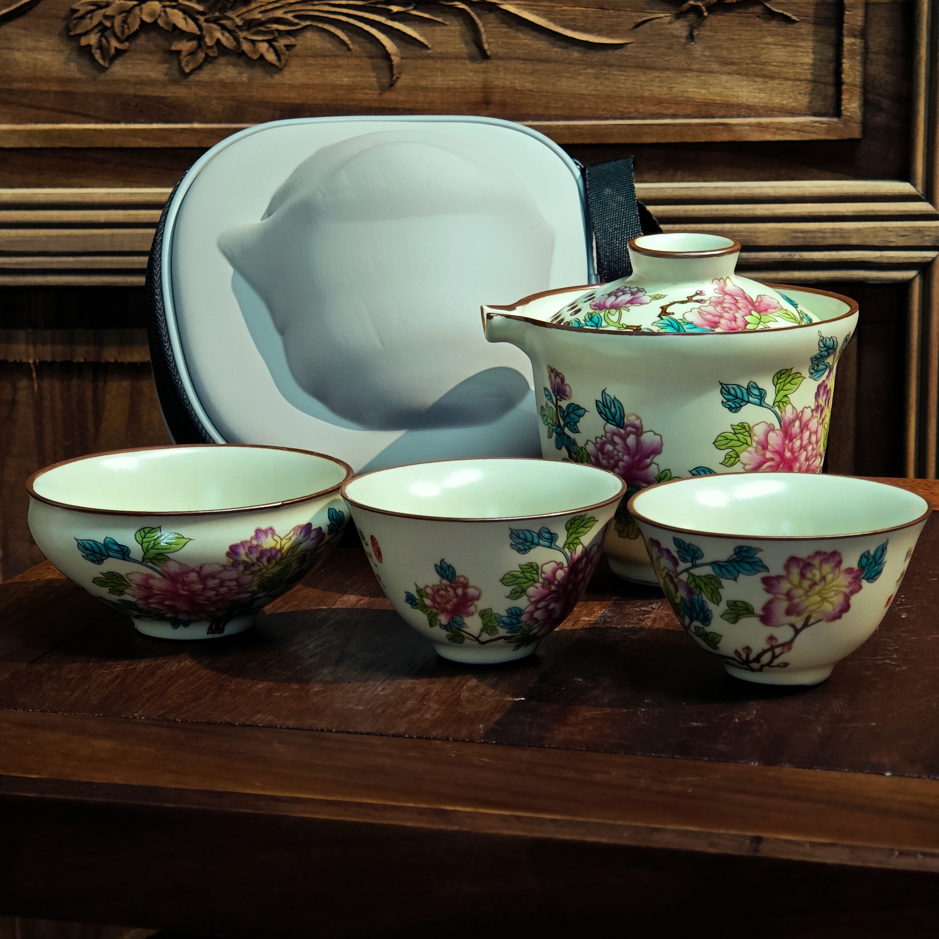 【闪购链接】A-0221 紫粉牡丹黄汝一盖碗三杯旅行套-陶栖堂