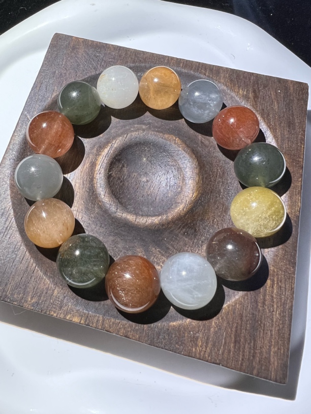 非金属珐琅手链 天然果冻拉丝彩兔毛手串 卡15mm 一物一图