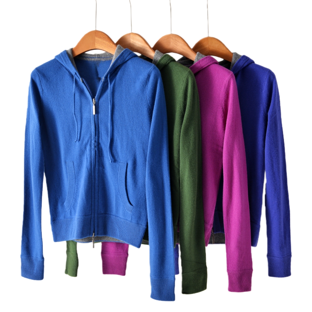 轻奢羊绒9G撞色下摆帽连帽双拉链女士羊绒开衫 TZ2022-003