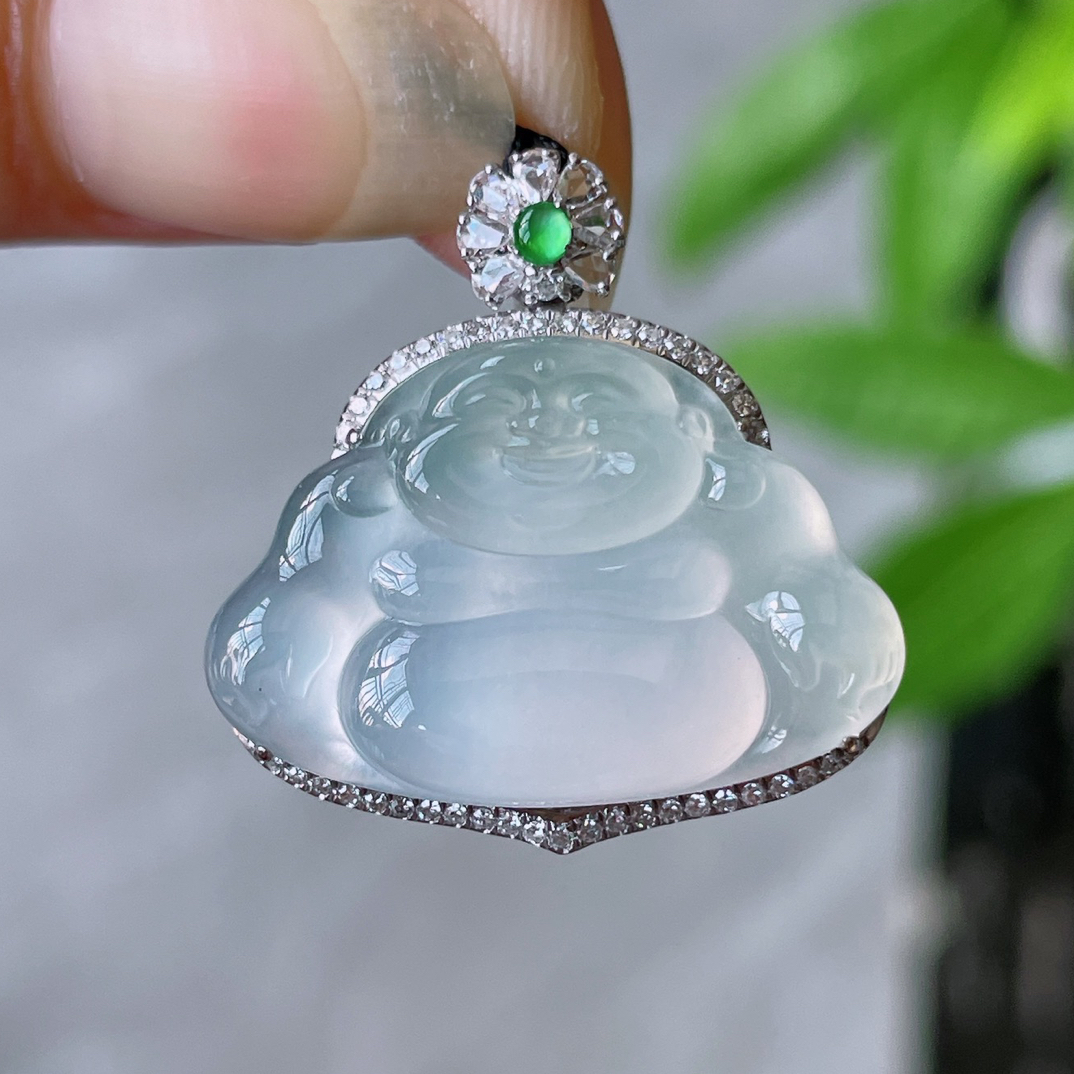 天然缅甸A货18k金镶嵌茅台白佛公翡翠吊坠