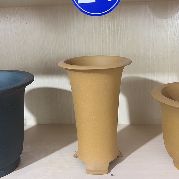 紫砂花盆微瑕高脚束腰黄色