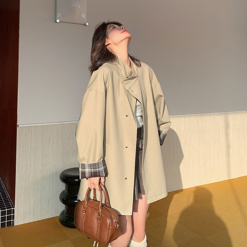 中长款卡其绿撞色风衣外套女2025秋设计感廓形显瘦宽松英伦风大衣