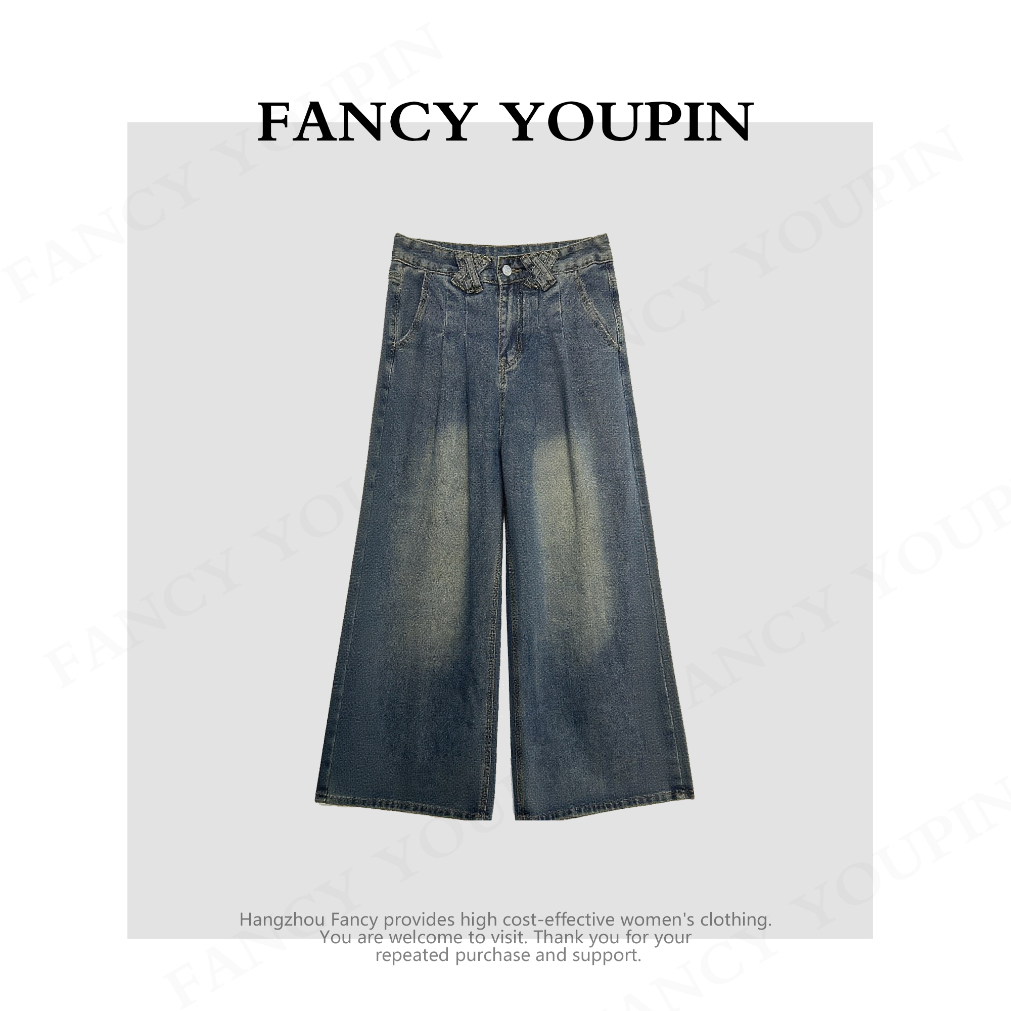 FANCY/梵汐 复古蓝无弹秋季款重叠耳仔设计阔腿高腰牛仔女裤子CH3