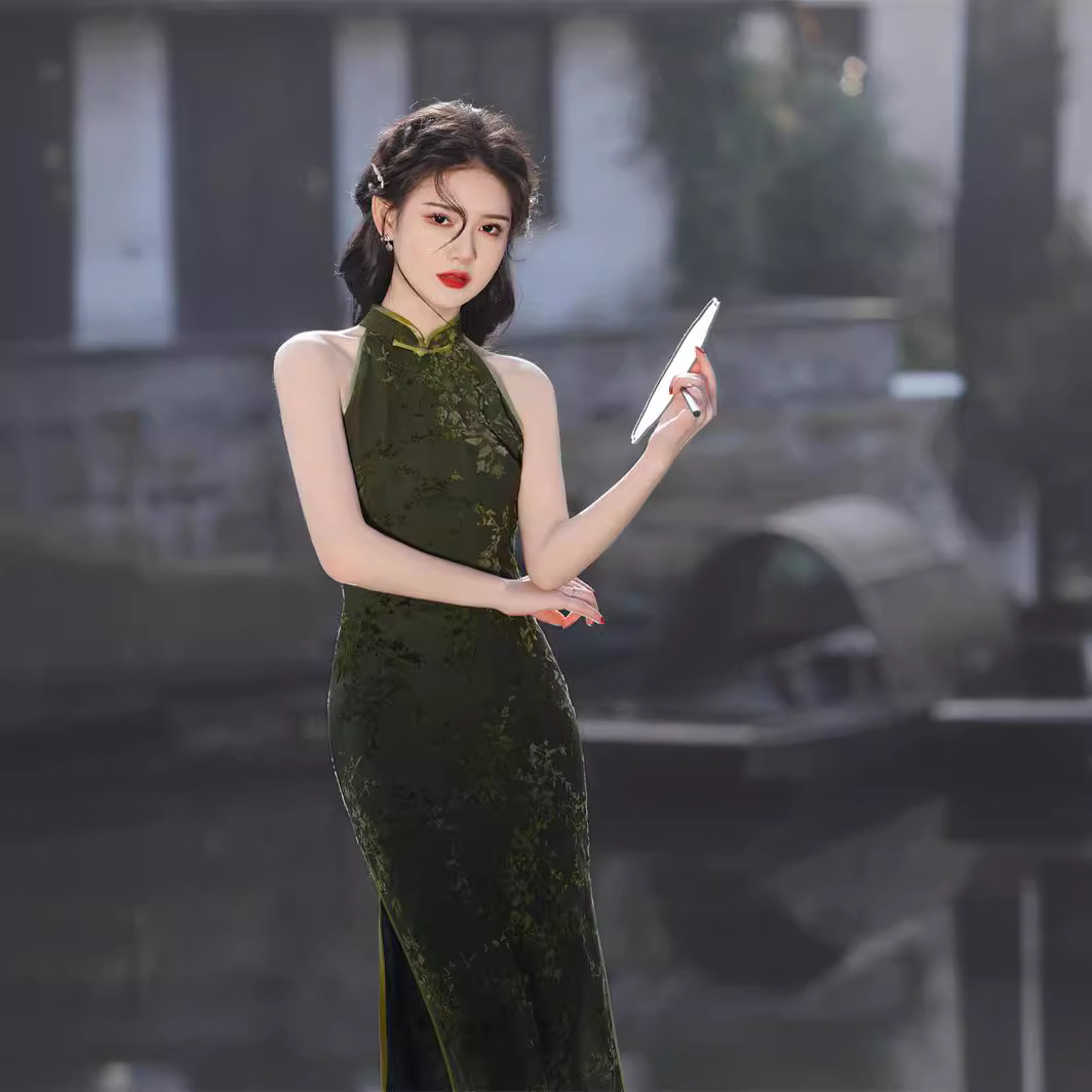 墨绿色挂脖春夏网纱扎染中长款旗袍仿老上海复古气质旗袍修身印花