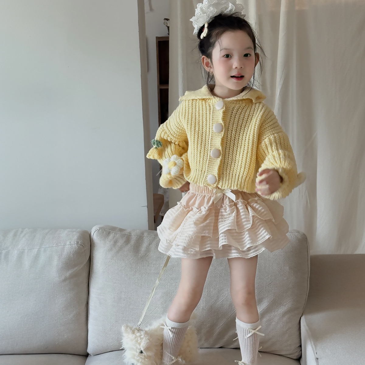 2025女童秋甜美风糖果色短款毛衣立体花朵开衫外套芭蕾风荷叶半裙