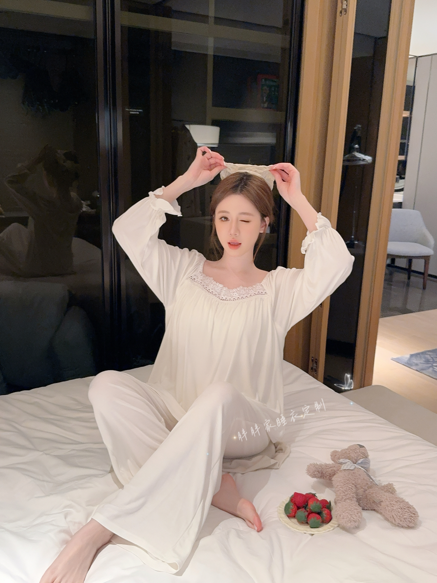 【告白信】秋季睡衣女代尔棉长袖纯欲蕾丝纯色家居服可外穿