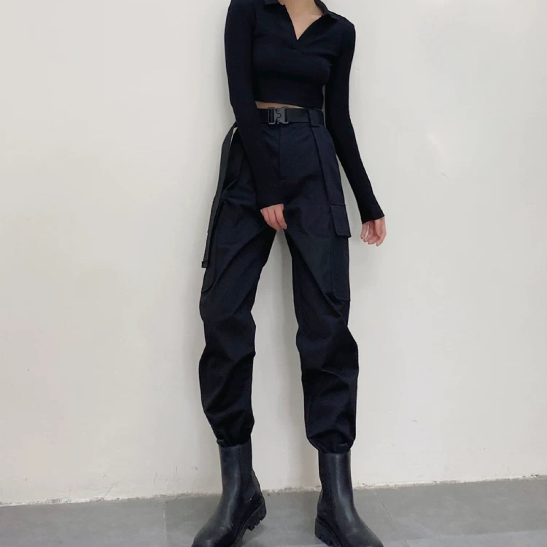 工装裤女高腰显瘦加绒秋冬季束脚裤洋气小个子黑色休闲九分运动裤