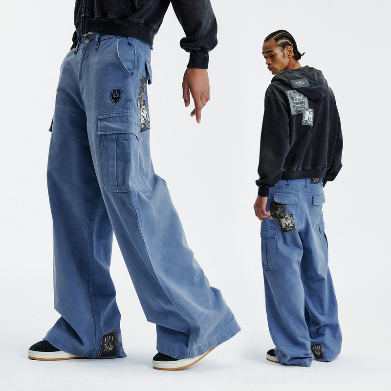 MEDM 经典天使做旧贴布休闲直筒长裤春秋美式街头男女工装拖地裤