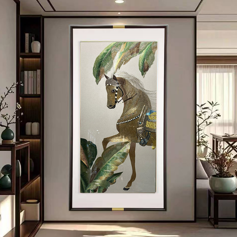 新中式马到成功刺绣高端双框客厅玄关苏绣挂画背景装饰画
