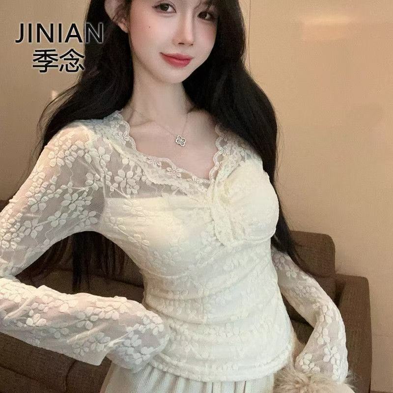 秋冬新款外穿纯欲风辣妹性感长袖花边高级蕾丝打底修身爆款上衣