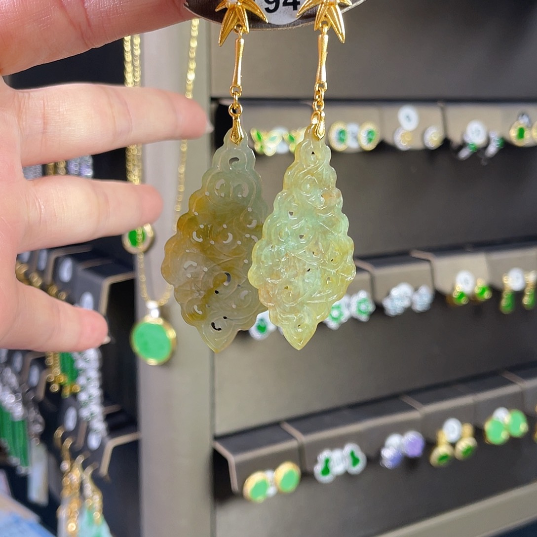 懒***竹翡翠银S925镶嵌耳饰缅甸A货