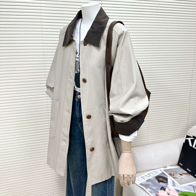 设计感撞色卡其色风衣外套女2025春秋新款小个子宽松休闲工装大衣