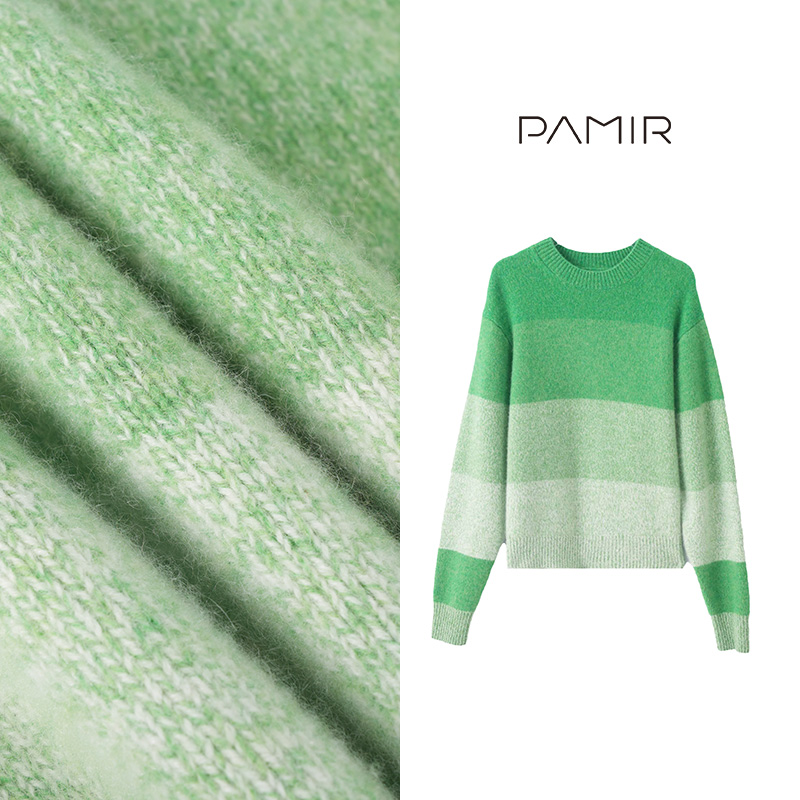 PAMIR秋冬新款拉绒女圆领花纱撞色羊绒加厚针织衫 LR150